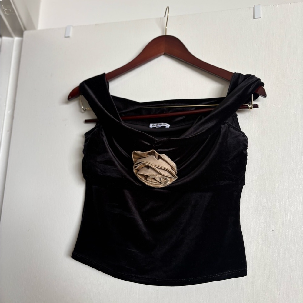 Reformation Black Velvet Top with Tan Rose Detail - Picture 2 of 5